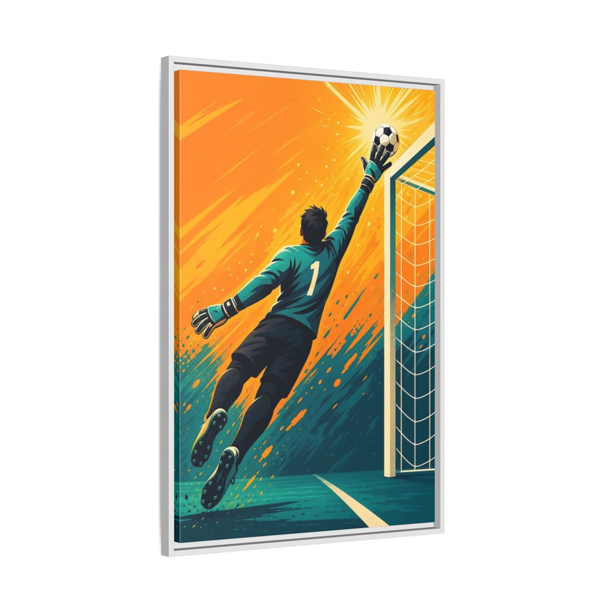 Side Mockup 9. Sports Soccer Goalkeeper Soccer Goalkeeper Orange And Teal shown as framed canvas print