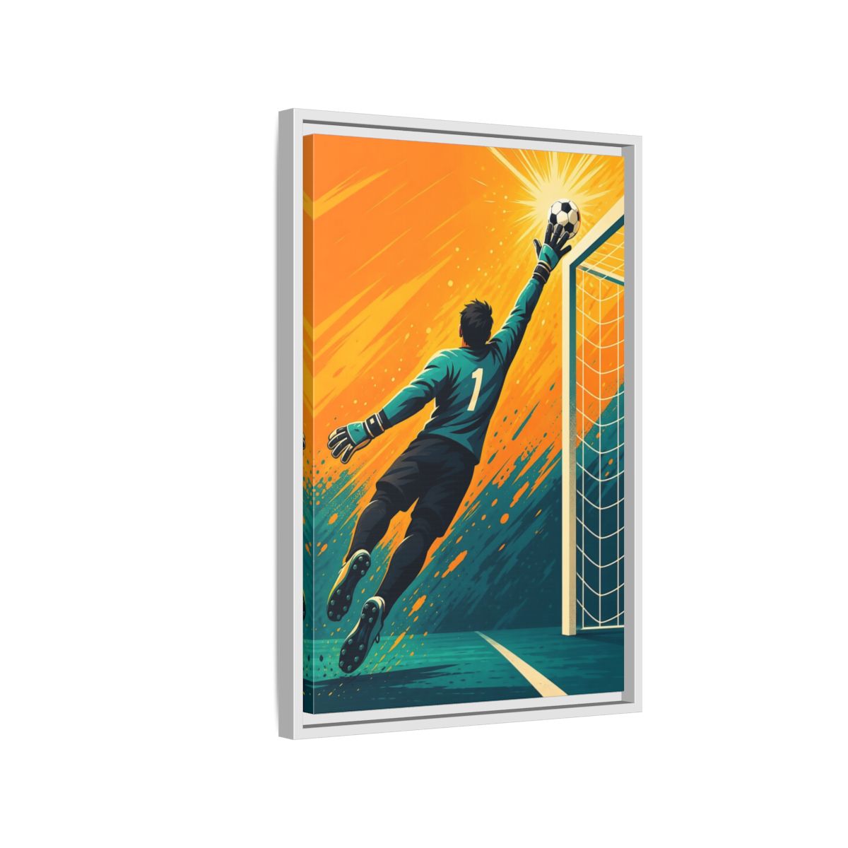 Side Mockup 1. Sports Soccer Goalkeeper Soccer Goalkeeper Orange And Teal shown as framed canvas print