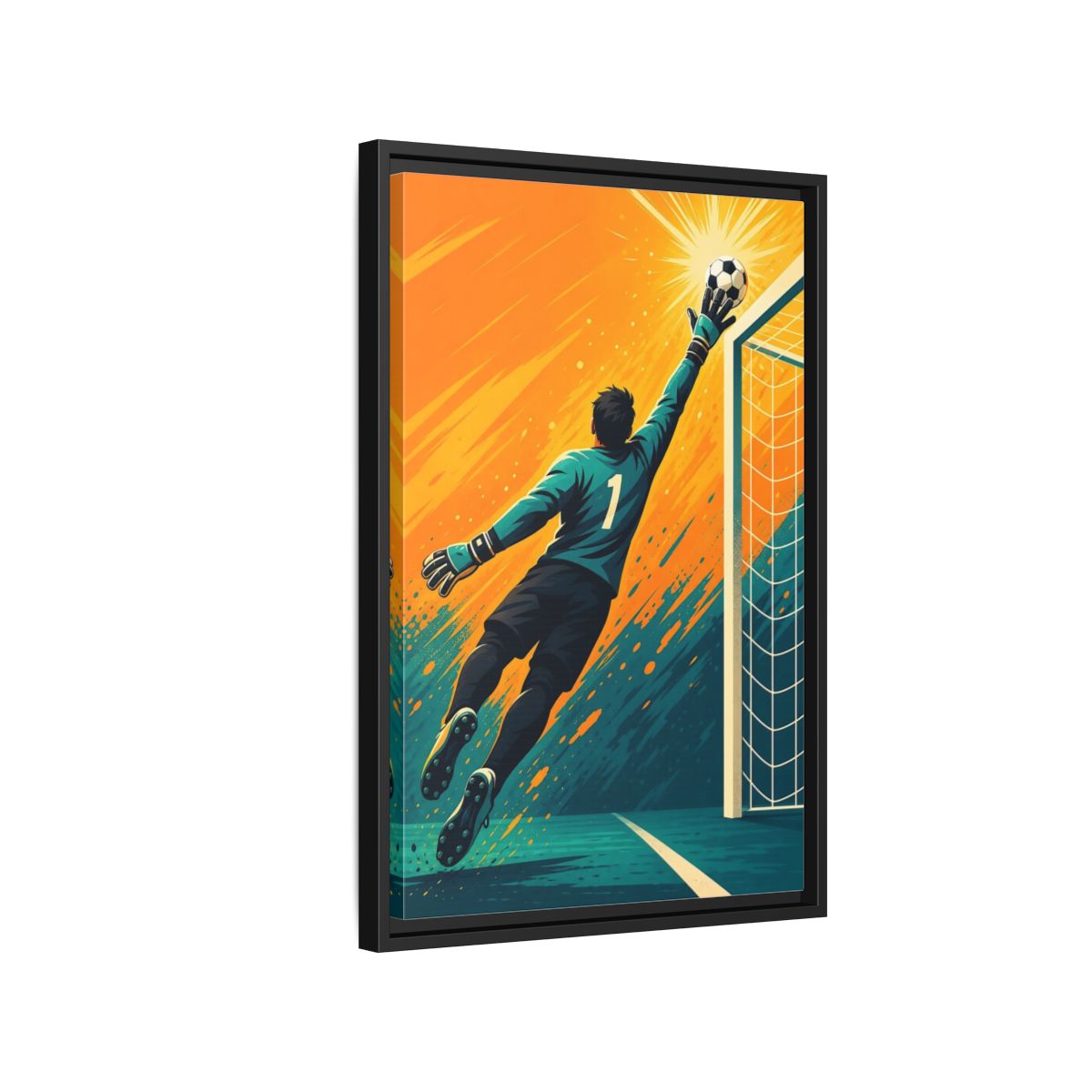 Side Mockup 3. Sports Soccer Goalkeeper Soccer Goalkeeper Orange And Teal shown as framed canvas print