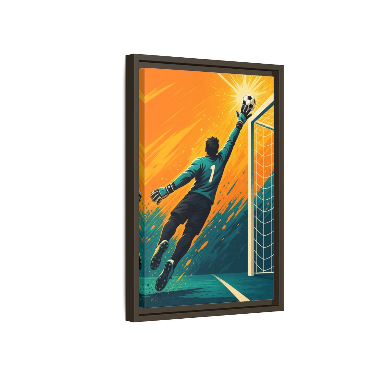 Side Mockup 5. Sports Soccer Goalkeeper Soccer Goalkeeper Orange And Teal shown as framed canvas print