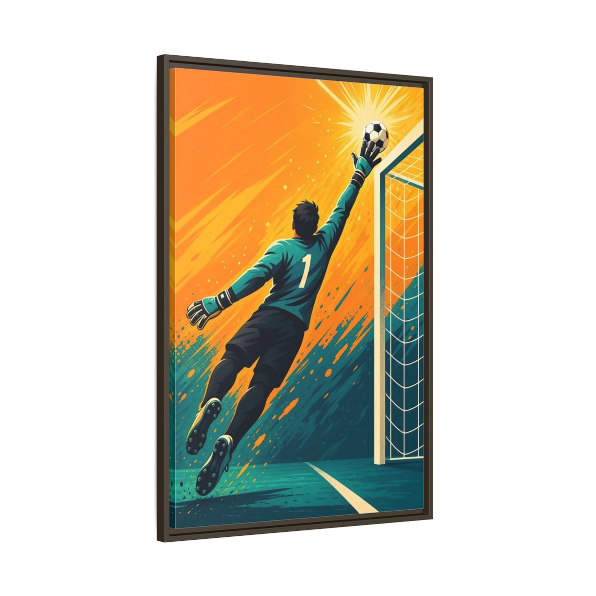 Main Mockup. Sports Soccer Goalkeeper Soccer Goalkeeper Orange And Teal shown as framed canvas print