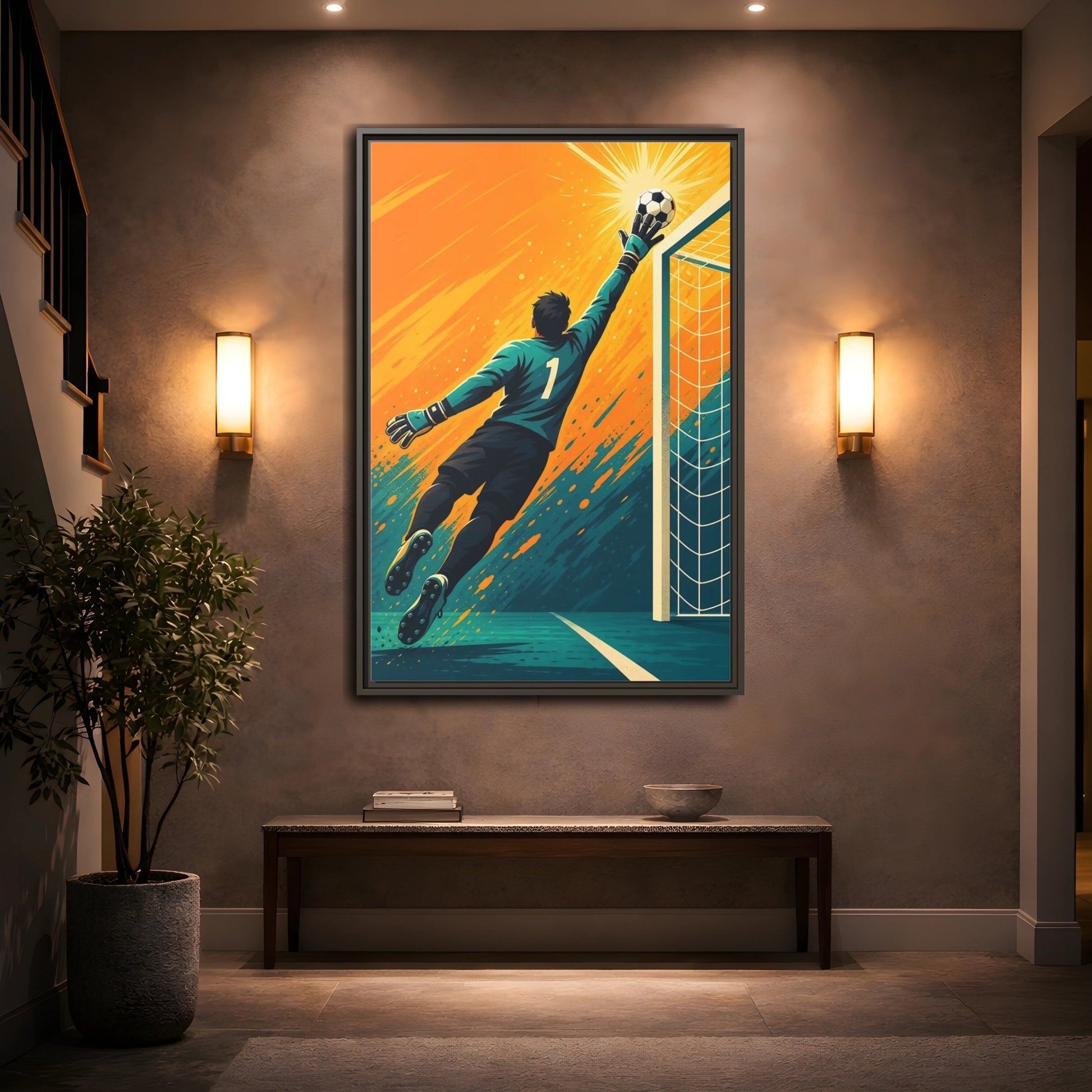 Mockup 2. Sports Soccer Goalkeeper Soccer Goalkeeper Orange And Teal shown as framed canvas print