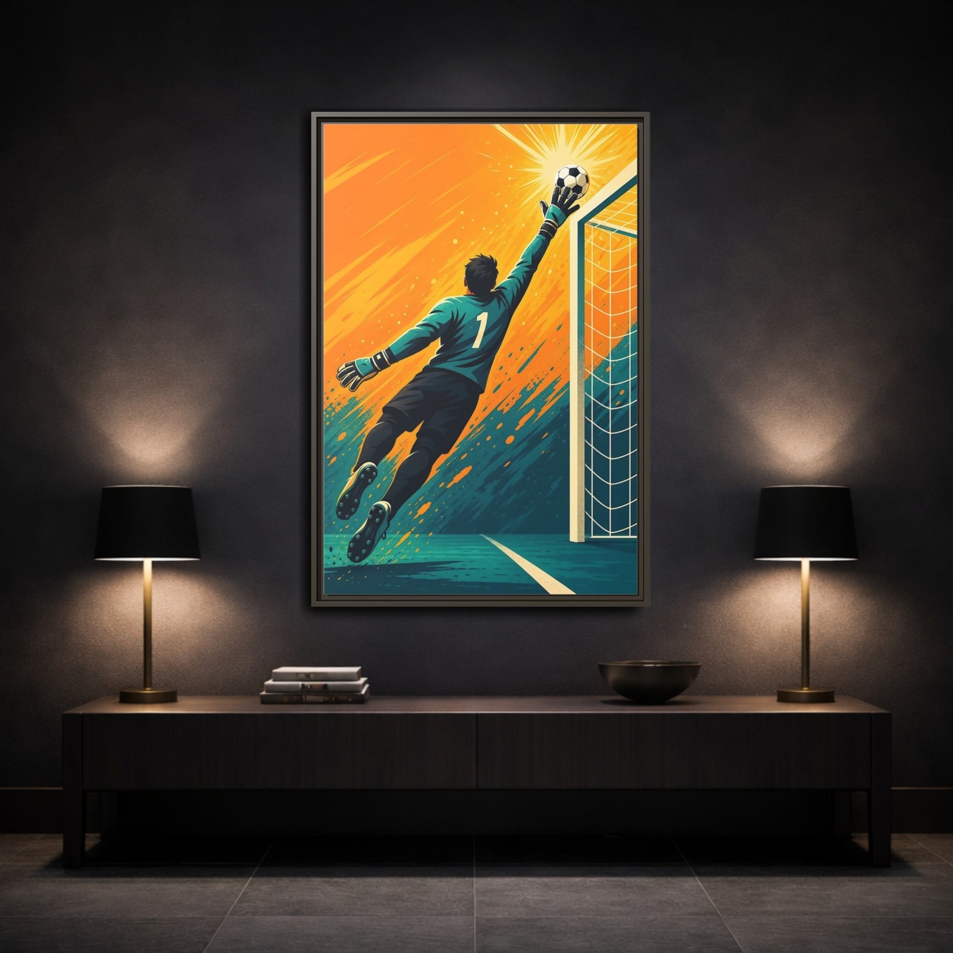 Mockup 3. Sports Soccer Goalkeeper Soccer Goalkeeper Orange And Teal shown as framed canvas print