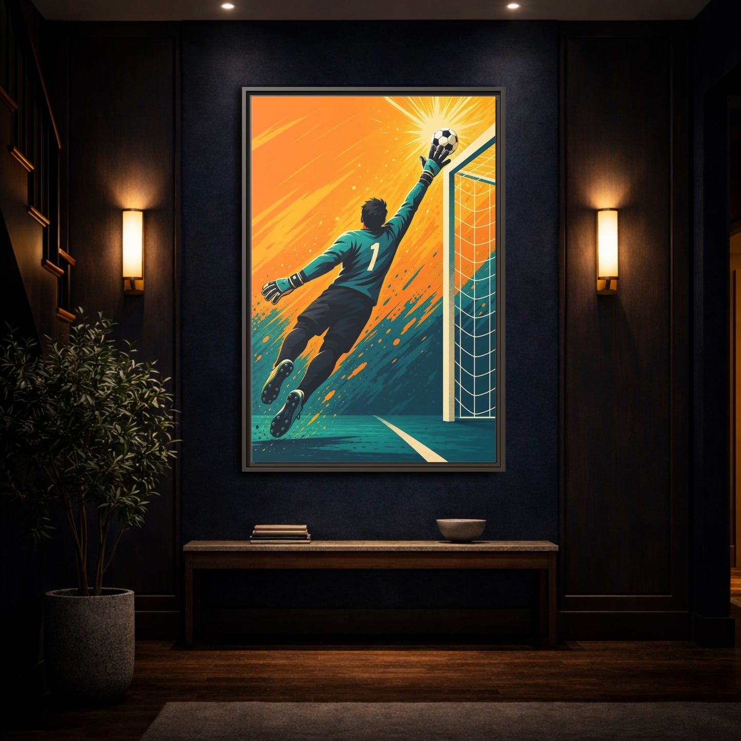 Mockup 4. Sports Soccer Goalkeeper Soccer Goalkeeper Orange And Teal shown as framed canvas print