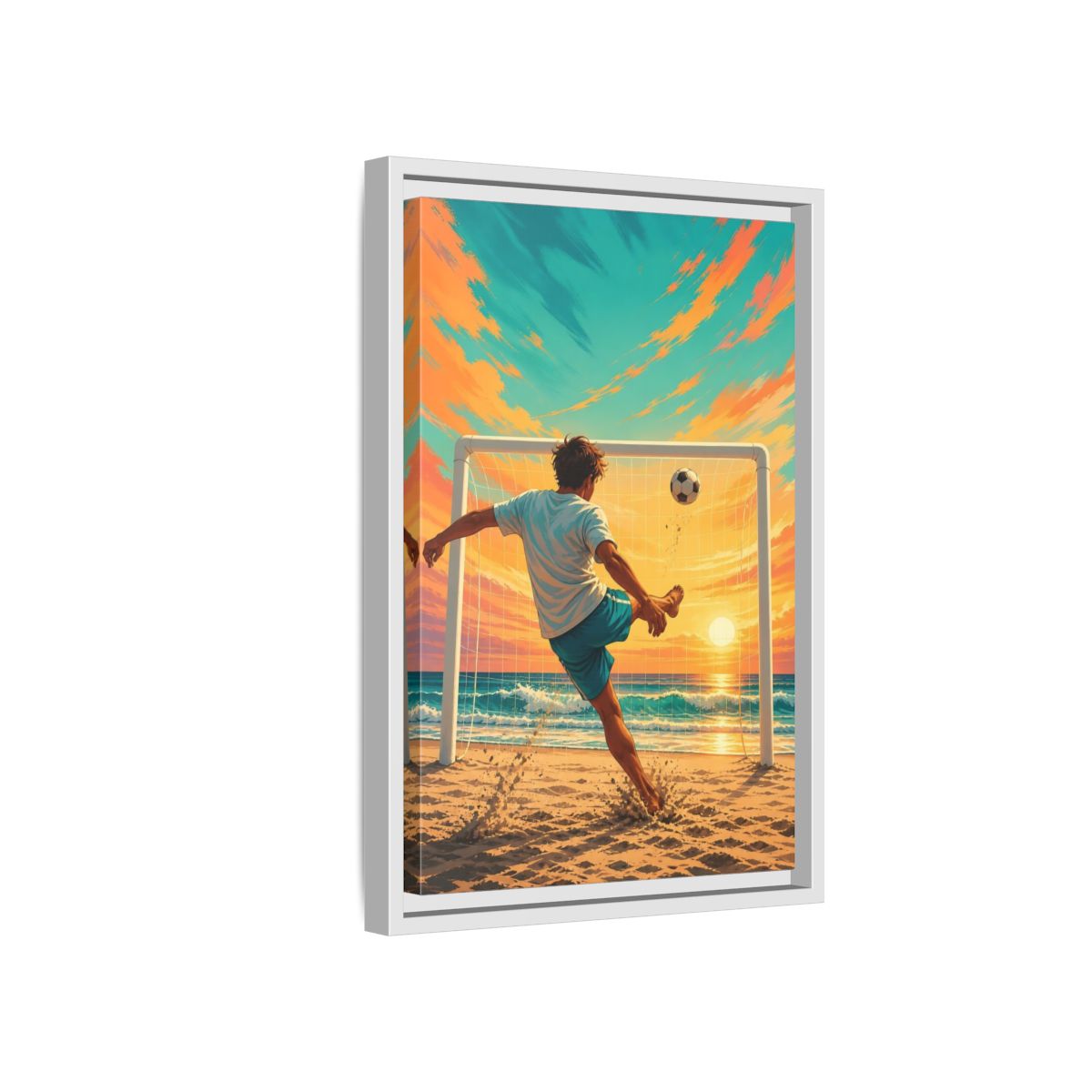 Side Mockup 4. Sports Soccer Player Soccer Beach Sunset shown as framed canvas print