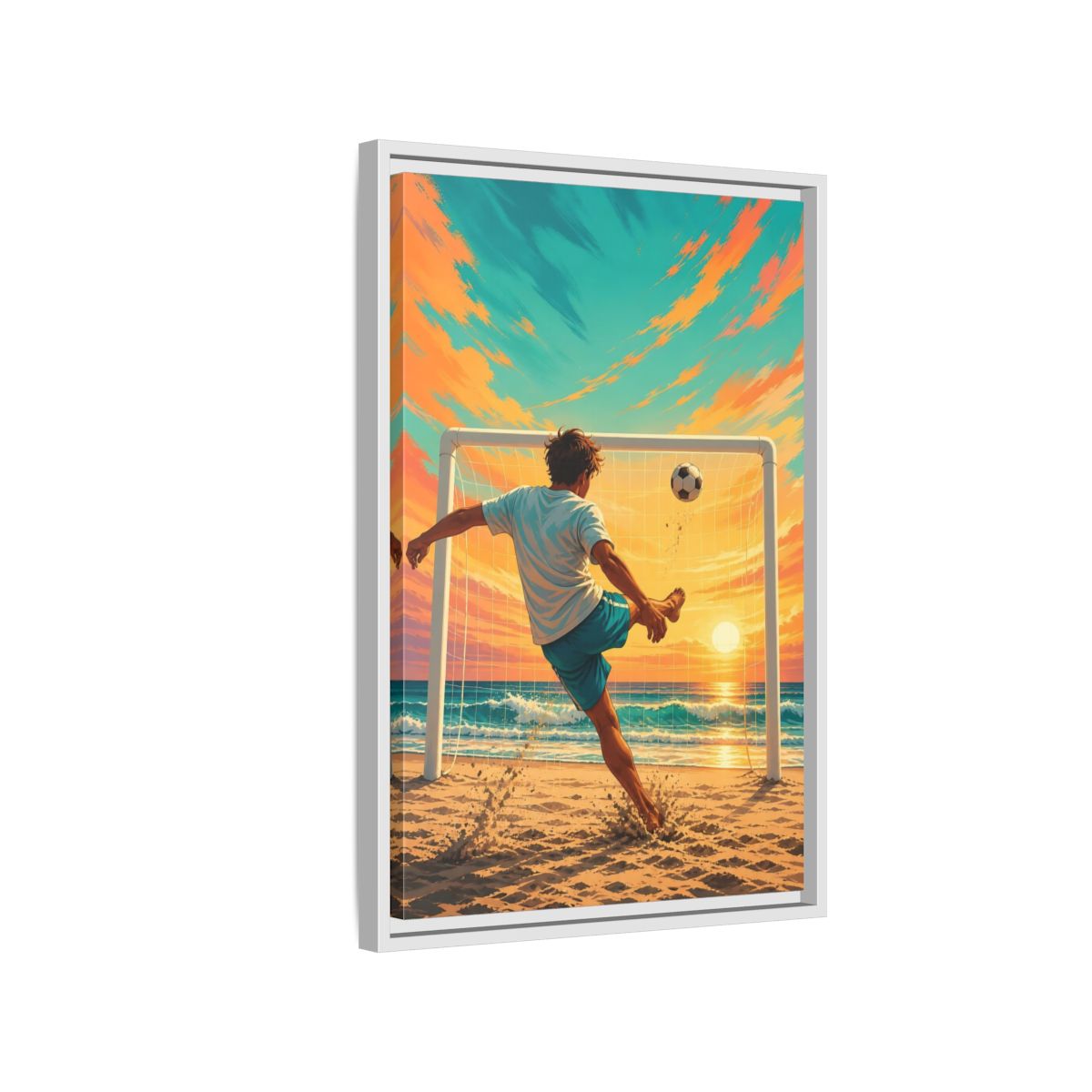 Side Mockup 1. Sports Soccer Player Soccer Beach Sunset shown as framed canvas print