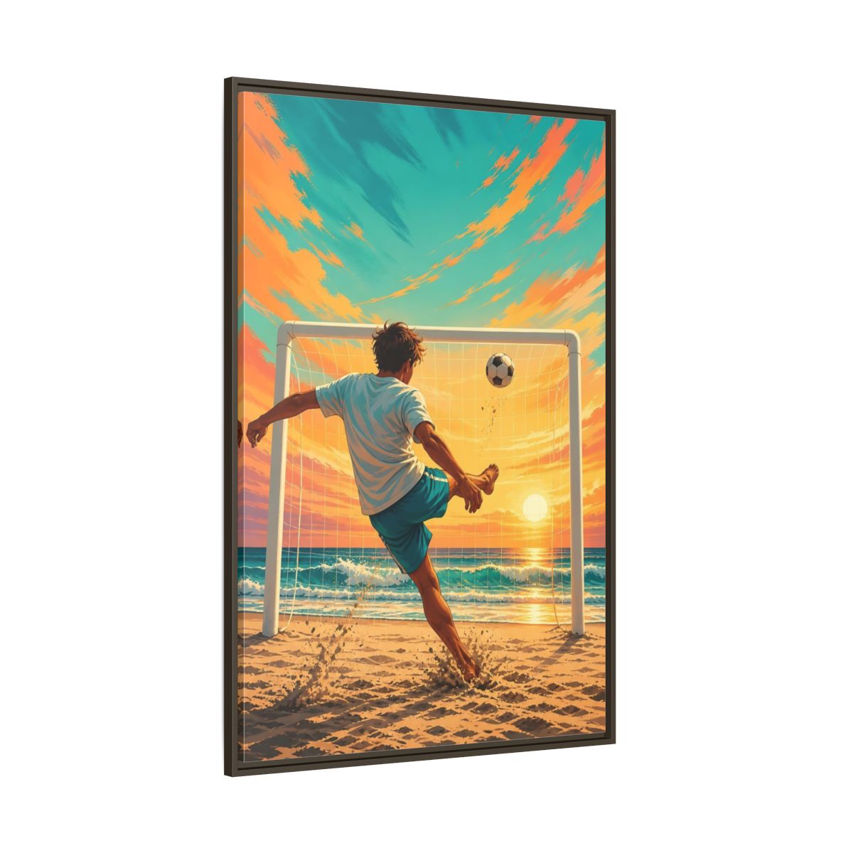 Side Mockup 8. Sports Soccer Player Soccer Beach Sunset shown as framed canvas print