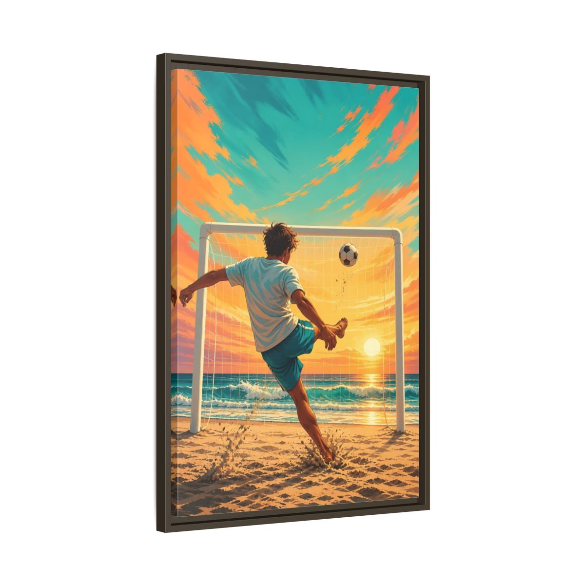 Side Mockup 11. Sports Soccer Player Soccer Beach Sunset shown as framed canvas print