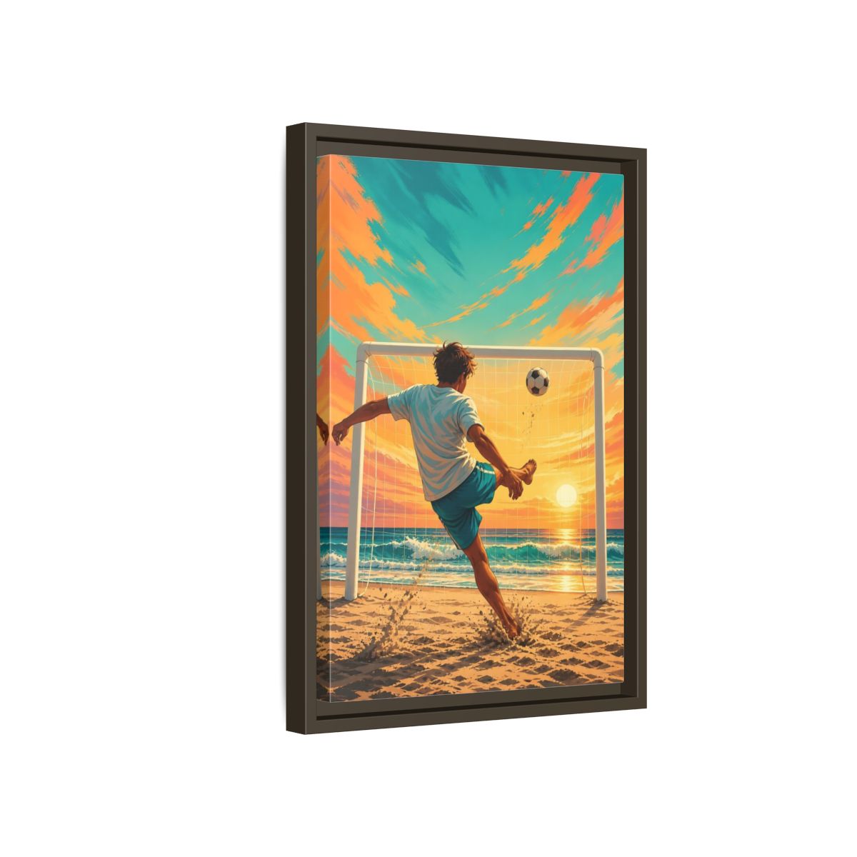 Side Mockup 5. Sports Soccer Player Soccer Beach Sunset shown as framed canvas print