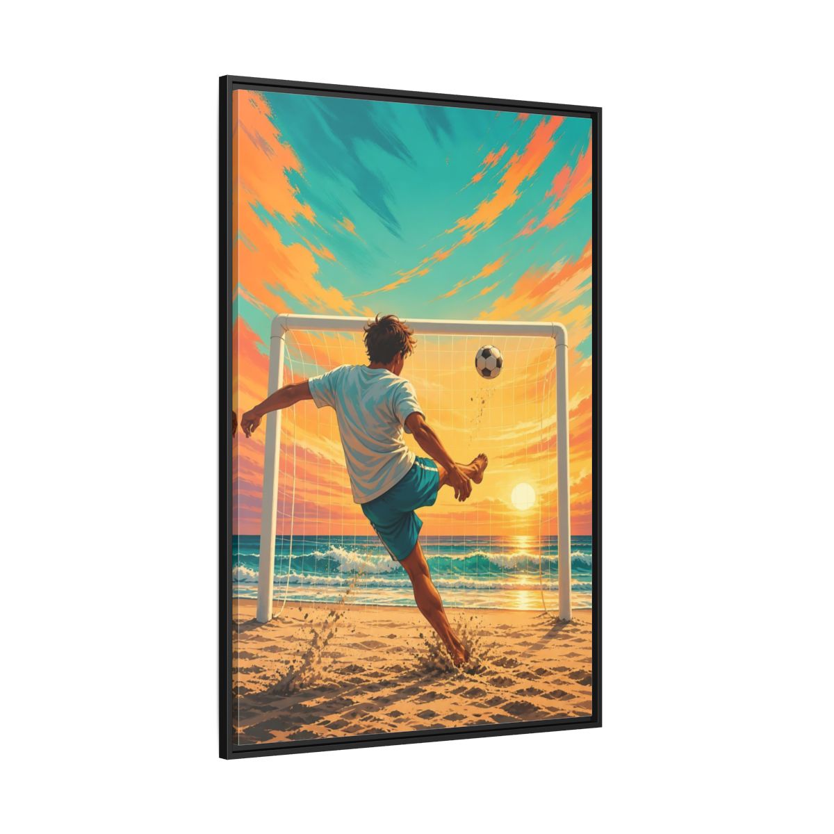 Side Mockup 12. Sports Soccer Player Soccer Beach Sunset shown as framed canvas print