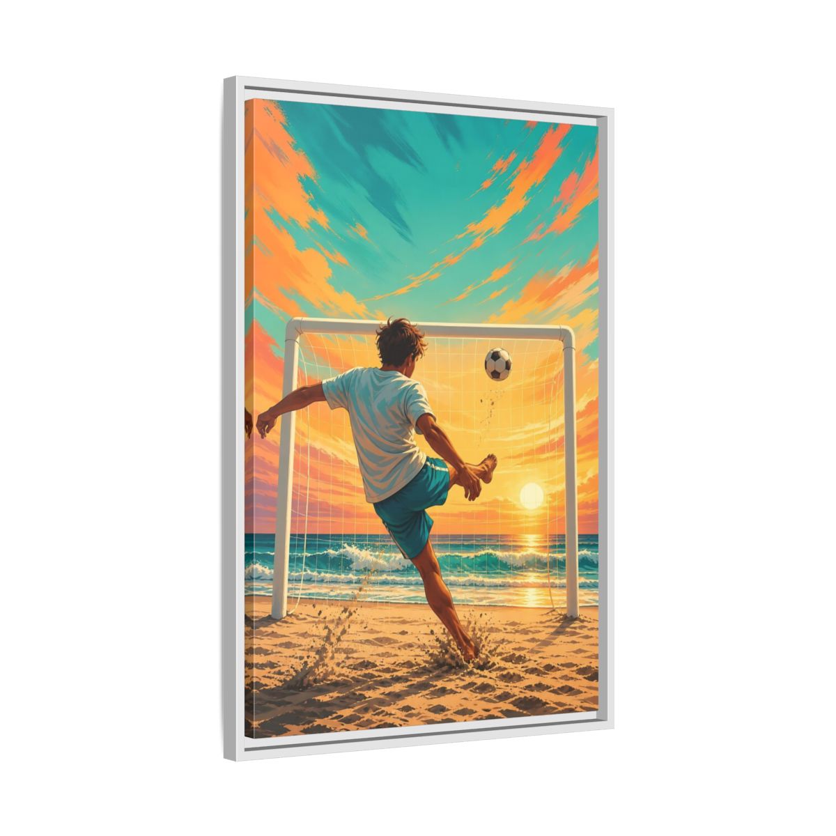 Side Mockup 10. Sports Soccer Player Soccer Beach Sunset shown as framed canvas print