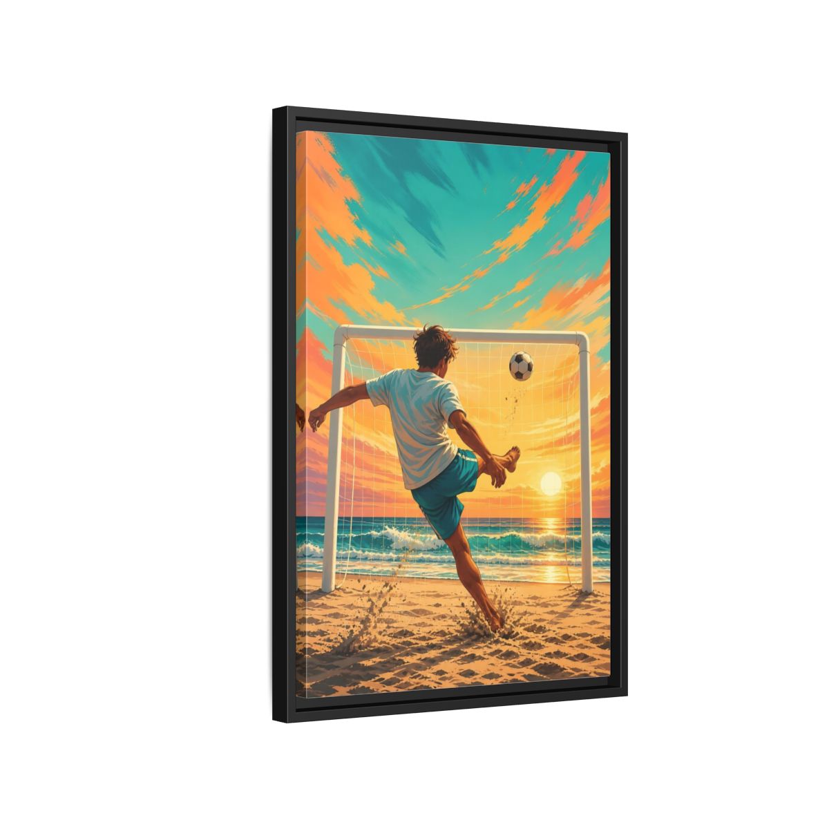 Side Mockup 3. Sports Soccer Player Soccer Beach Sunset shown as framed canvas print