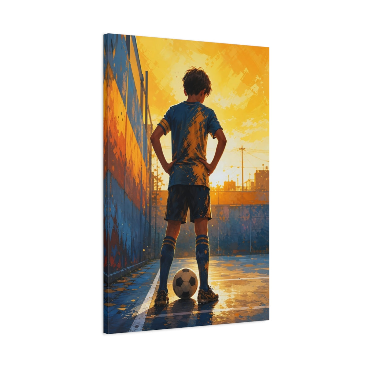 Main Mockup. Sports Soccer Player Blue And Gold shown as canvas print