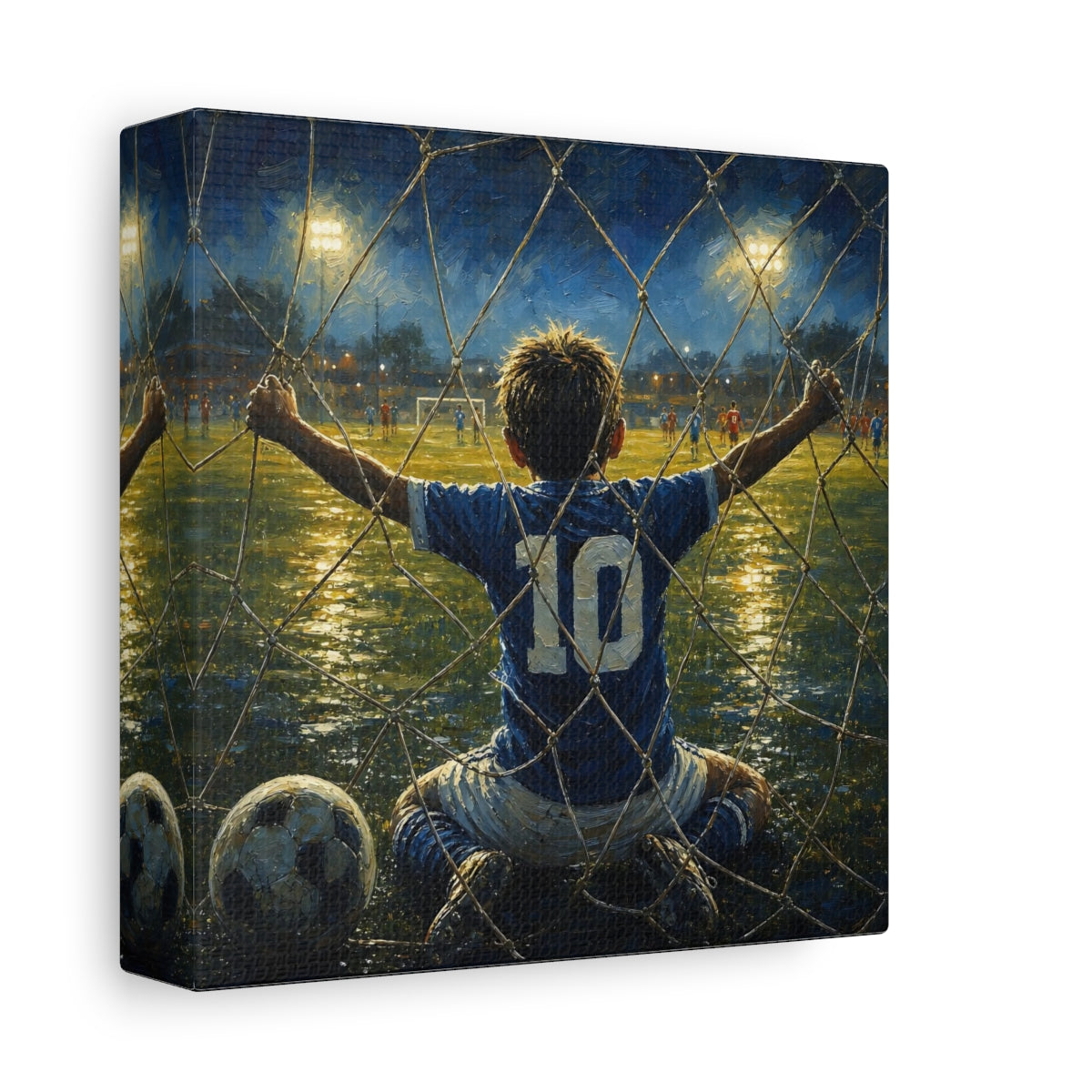 Side Mockup 2. Sports Soccer Player Blue And Gold Soccer shown as canvas print