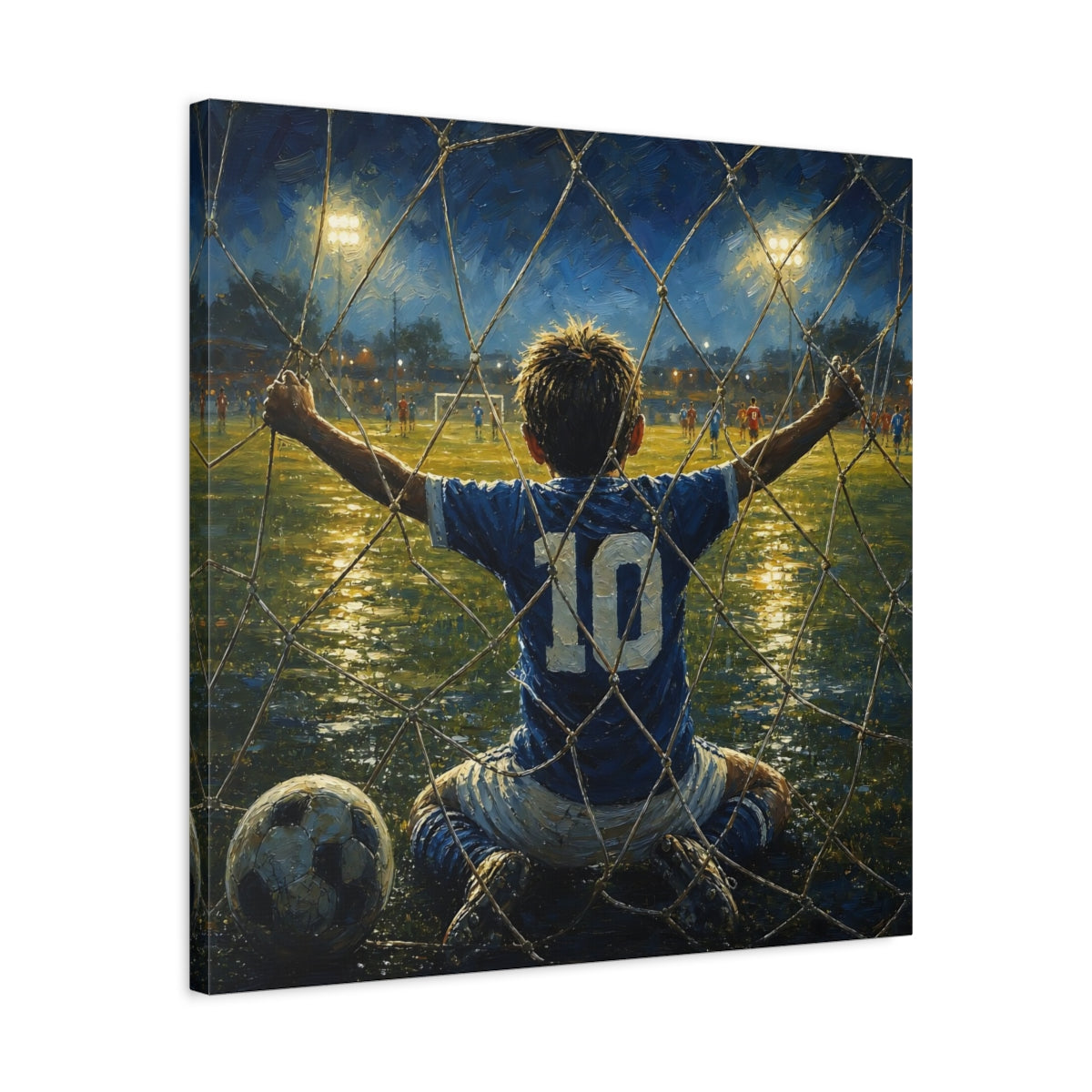 Side Mockup 4. Sports Soccer Player Blue And Gold Soccer shown as canvas print