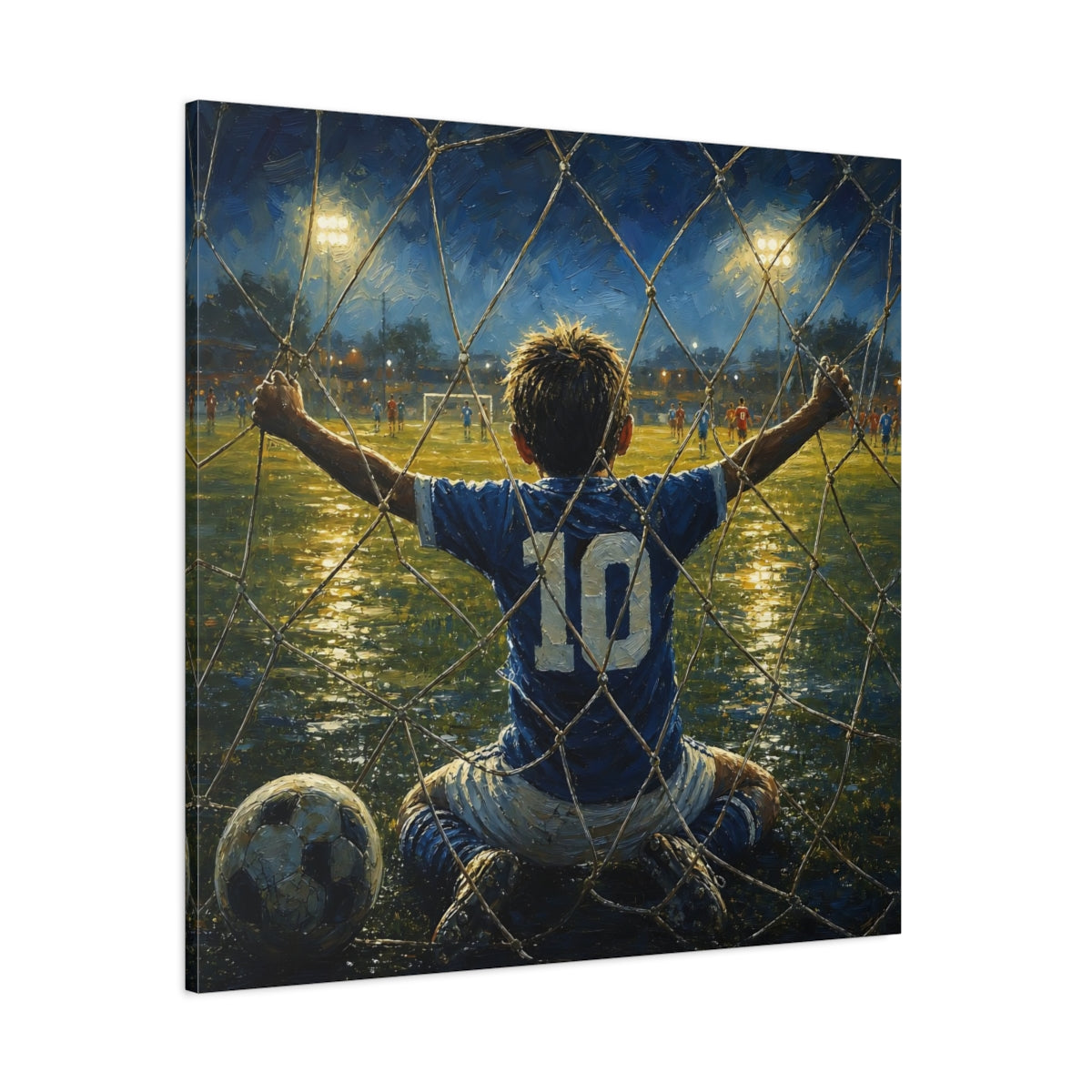 Side Mockup 1. Sports Soccer Player Blue And Gold Soccer shown as canvas print