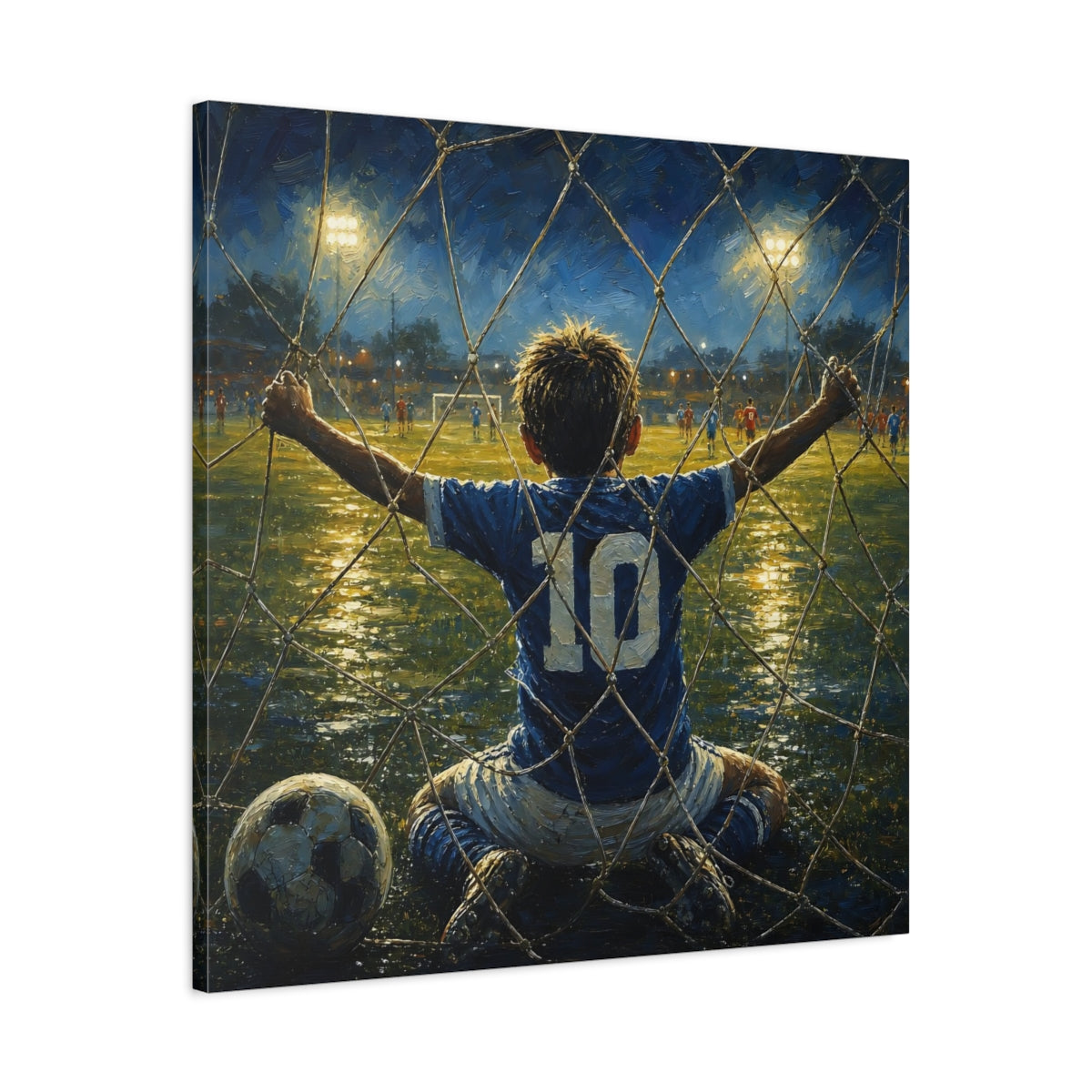Side Mockup 3. Sports Soccer Player Blue And Gold Soccer shown as canvas print