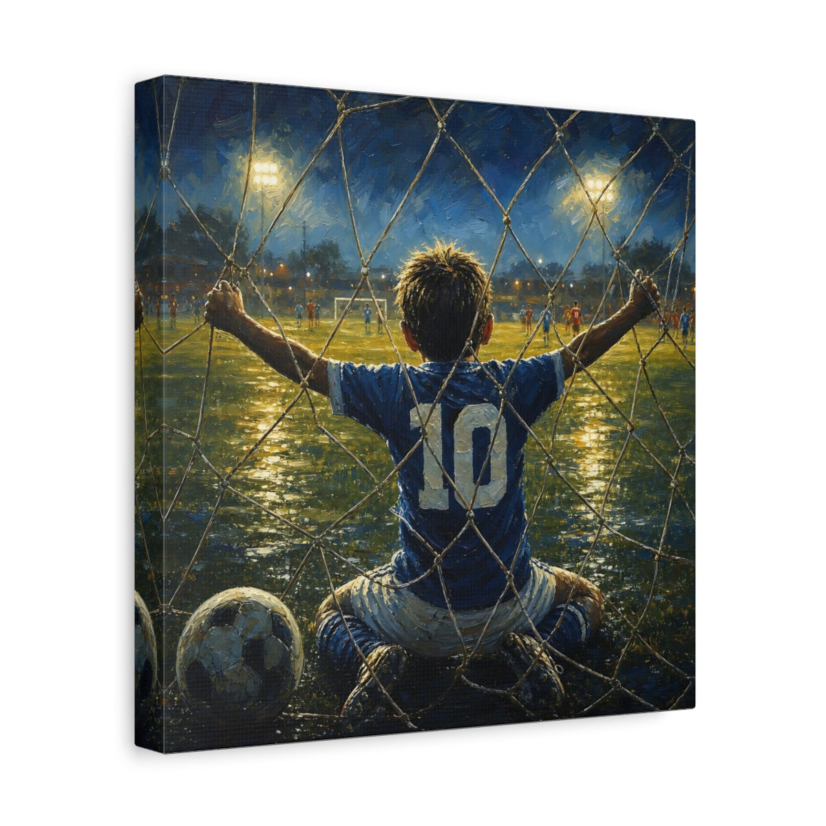 Side Mockup 8. Sports Soccer Player Blue And Gold Soccer shown as canvas print