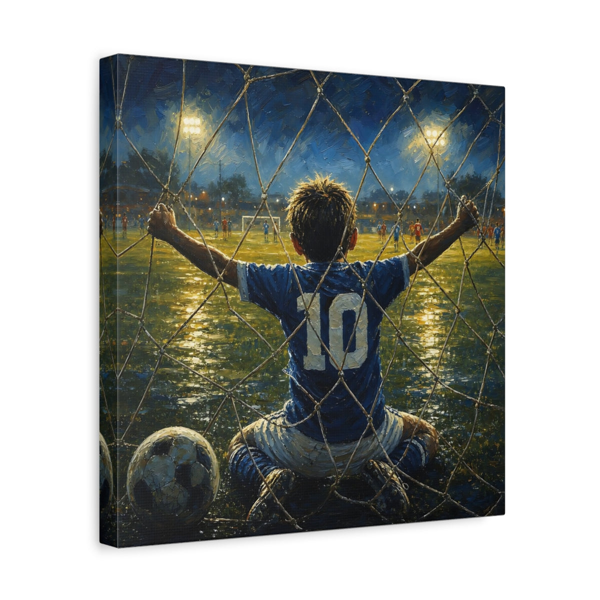Side Mockup 7. Sports Soccer Player Blue And Gold Soccer shown as canvas print