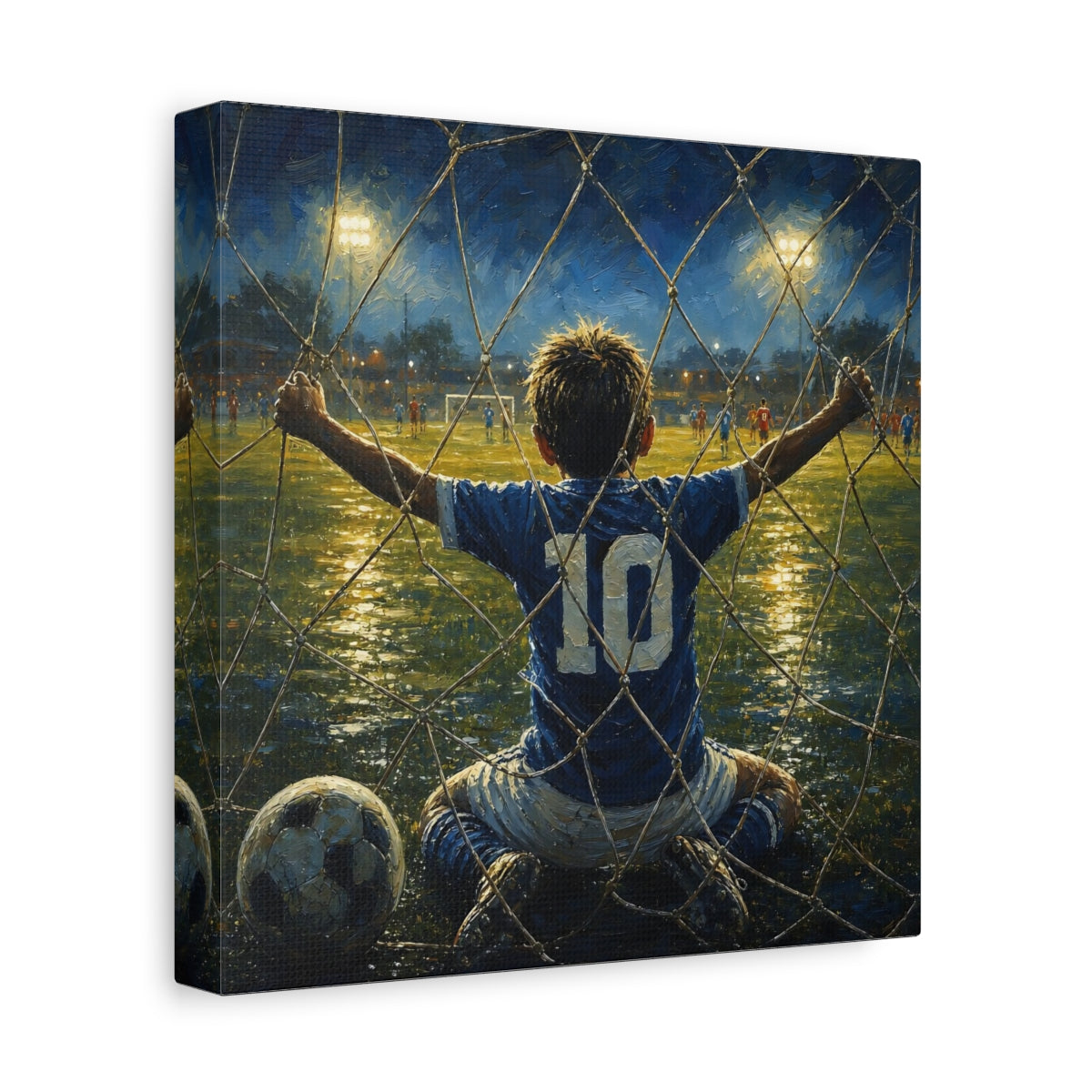 Side Mockup 9. Sports Soccer Player Blue And Gold Soccer shown as canvas print