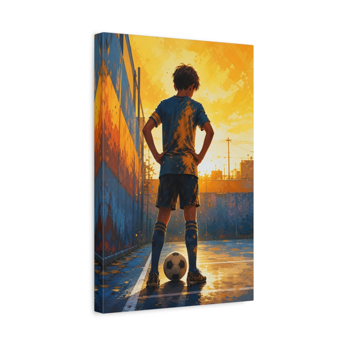 Side Mockup 4. Sports Soccer Player Blue And Gold shown as canvas print