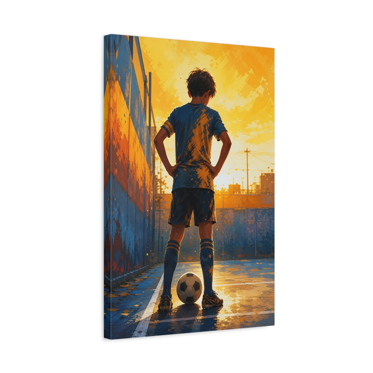 Side Mockup 3. Sports Soccer Player Blue And Gold shown as canvas print