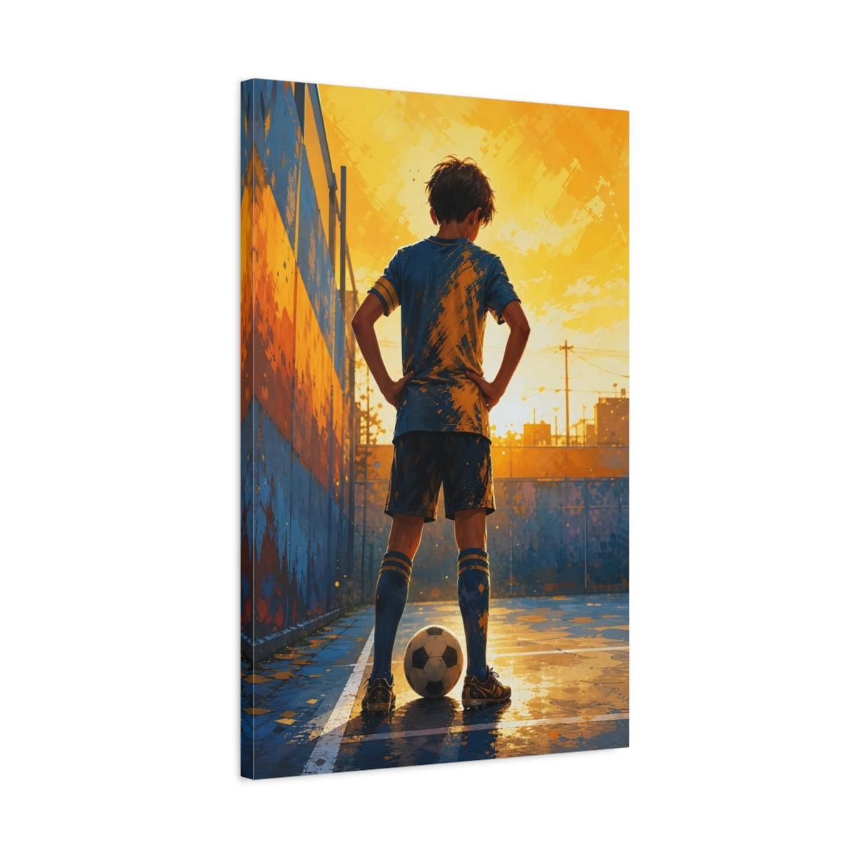 Side Mockup 2. Sports Soccer Player Blue And Gold shown as canvas print