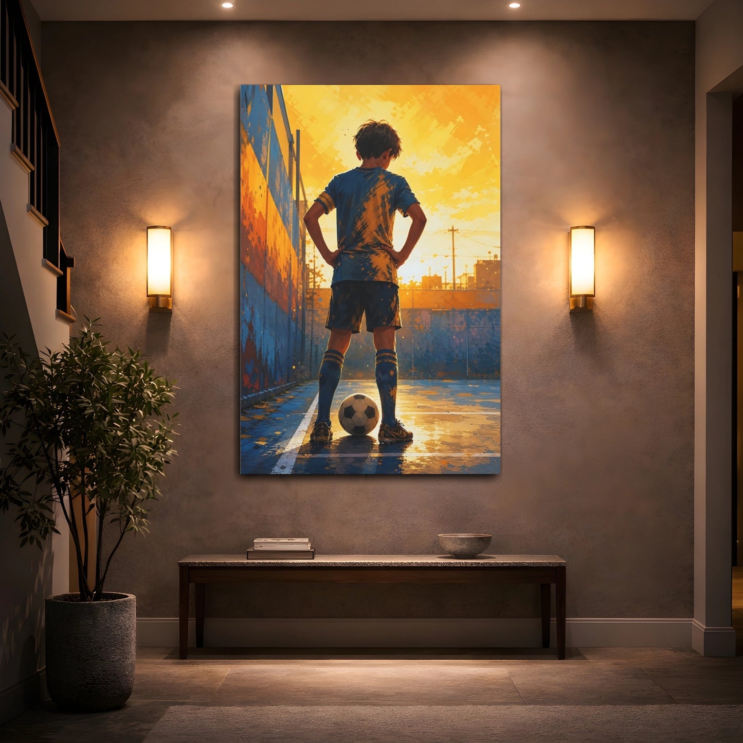 Mockup 2. Sports Soccer Player Blue And Gold shown as canvas print