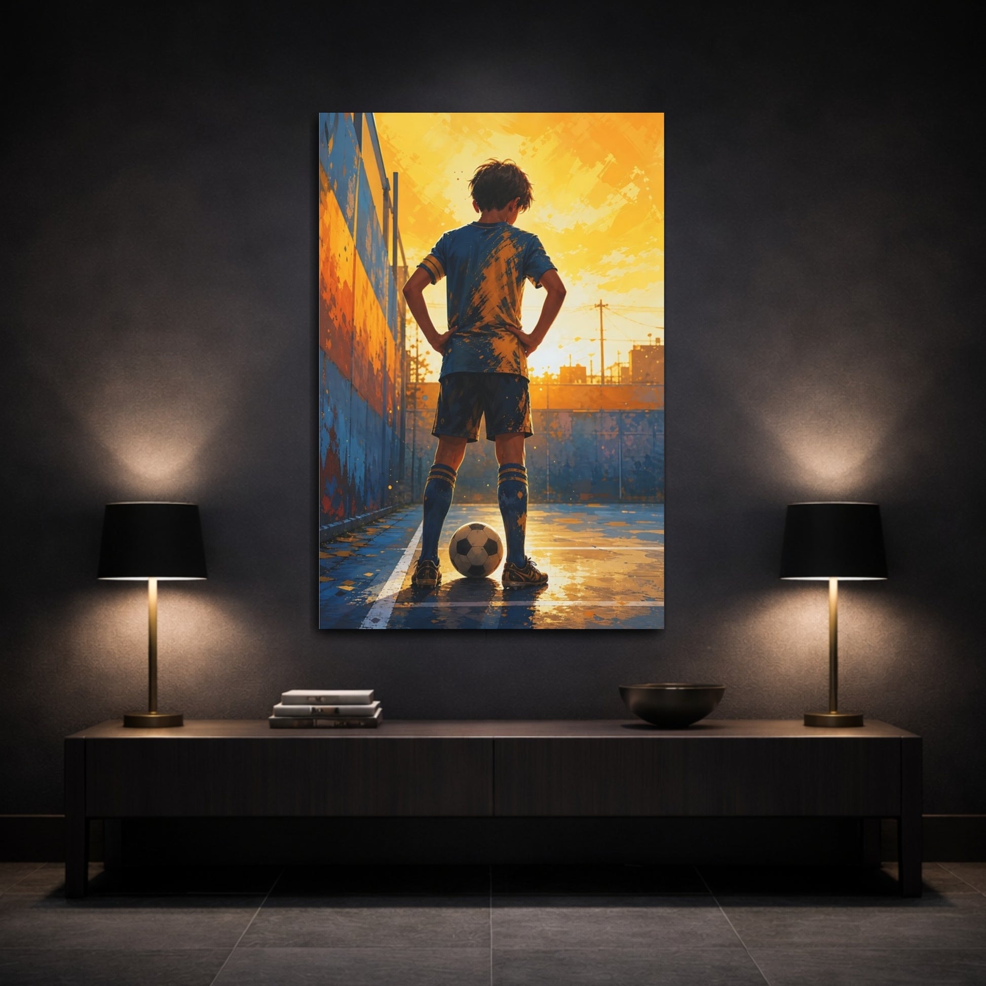 Mockup 3. Sports Soccer Player Blue And Gold shown as canvas print