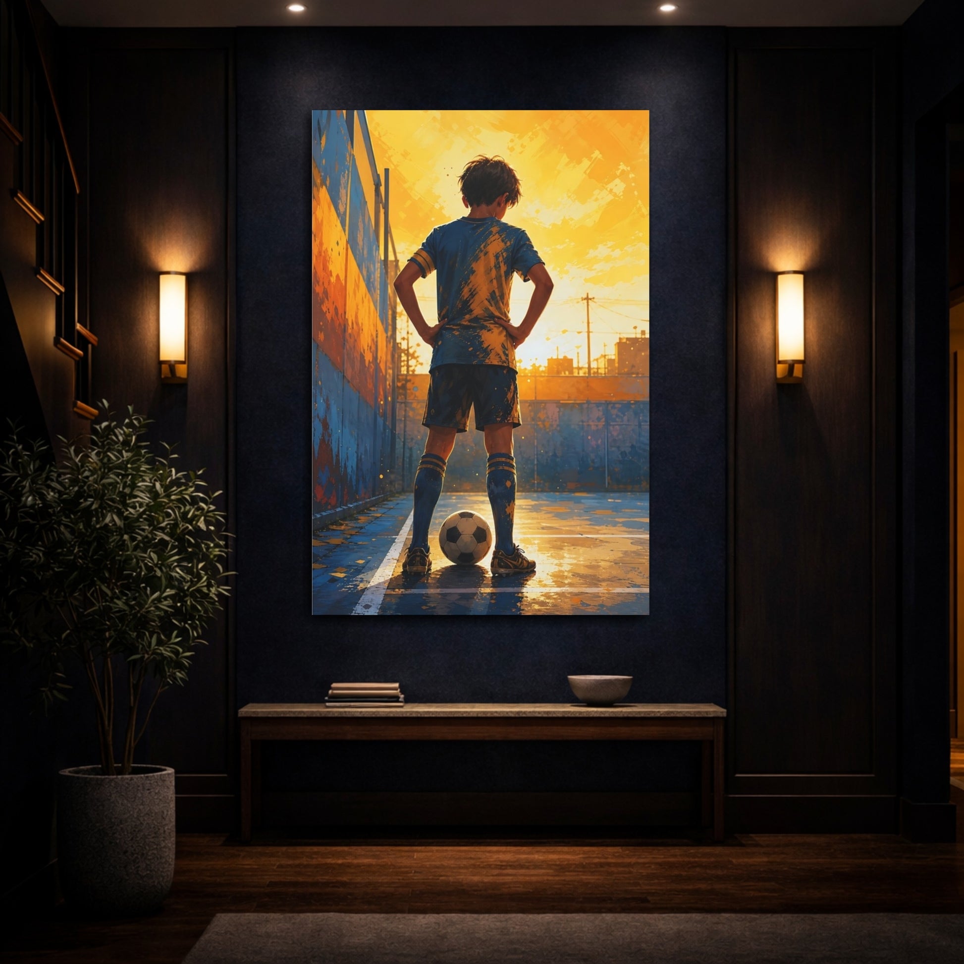 Mockup 4. Sports Soccer Player Blue And Gold shown as canvas print