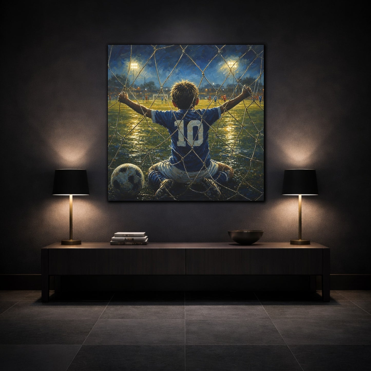 Mockup 3. Sports Soccer Player Blue And Gold Soccer shown as canvas print