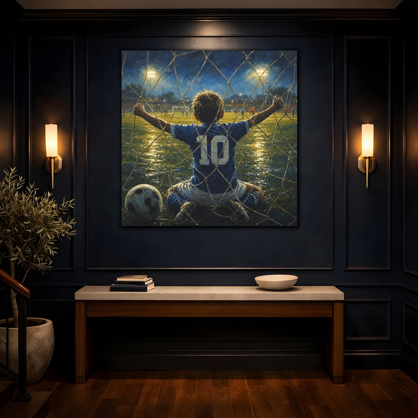 Mockup 4. Sports Soccer Player Blue And Gold Soccer shown as canvas print