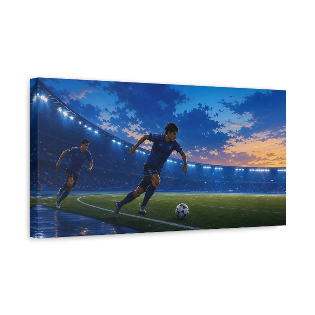 Side Mockup 3. Sports Soccer Player Blue And Orange Sports shown as canvas print