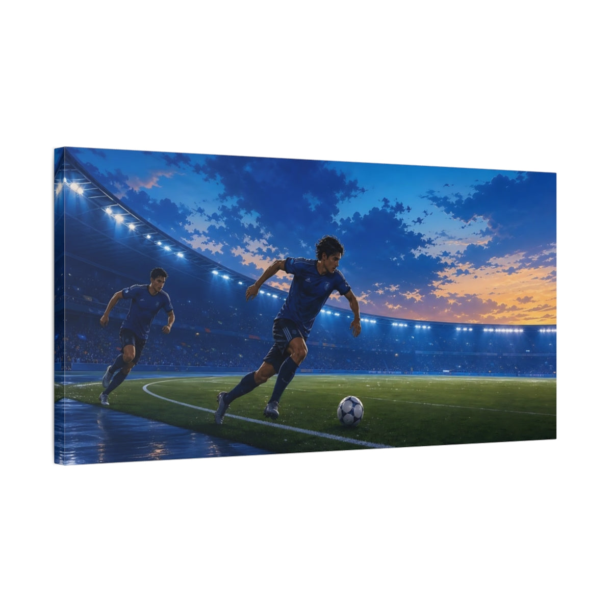 Side Mockup 1. Sports Soccer Player Blue And Orange Sports shown as canvas print