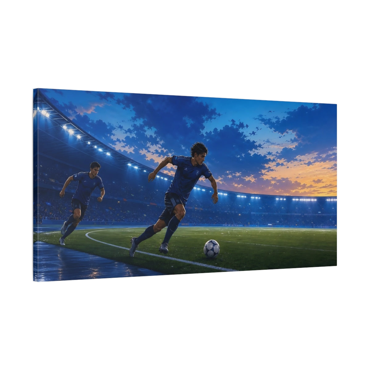 Main Mockup. Sports Soccer Player Blue And Orange Sports shown as canvas print