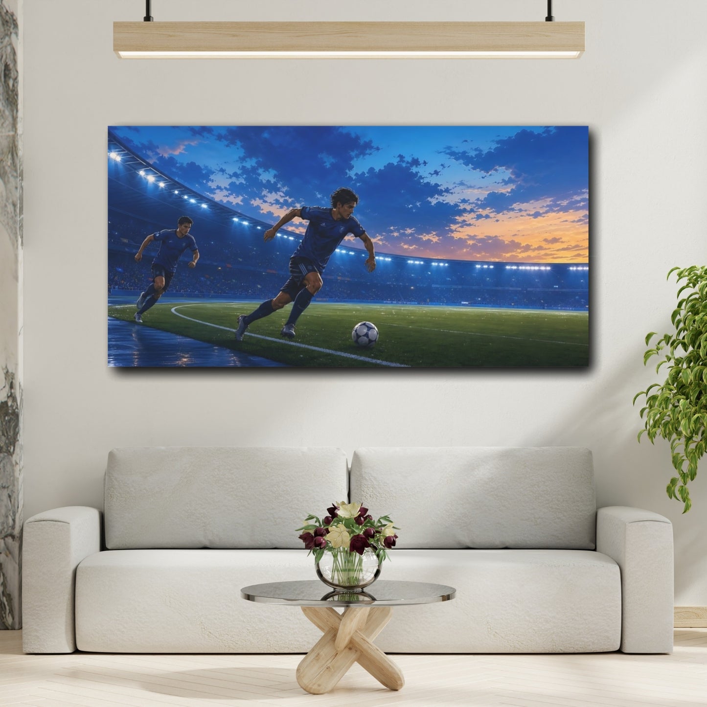 Mockup 2. Sports Soccer Player Blue And Orange Sports shown as canvas print