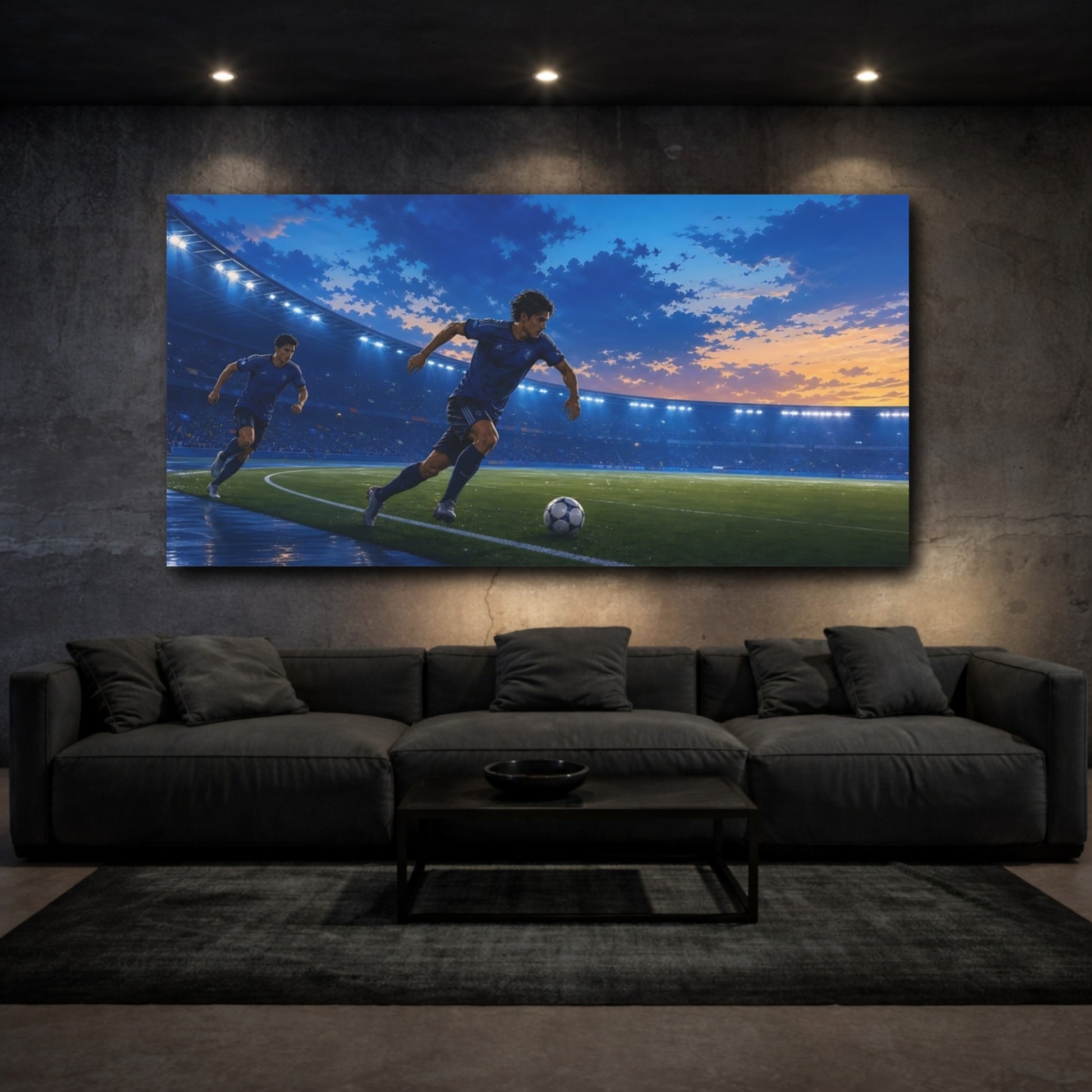 Mockup 3. Sports Soccer Player Blue And Orange Sports shown as canvas print