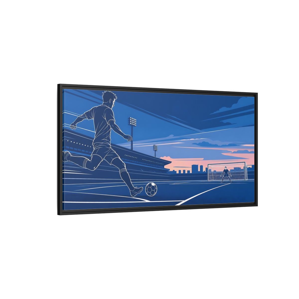 Side Mockup 5. Sports Soccer Player Blue Soccer shown as framed canvas print