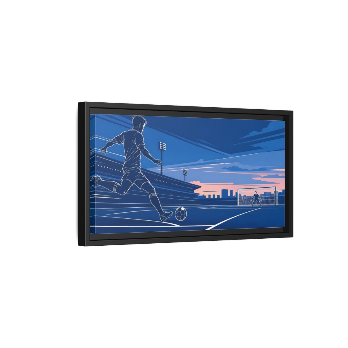 Side Mockup 8. Sports Soccer Player Blue Soccer shown as framed canvas print