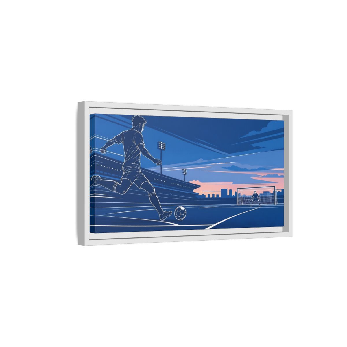 Side Mockup 6. Sports Soccer Player Blue Soccer shown as framed canvas print