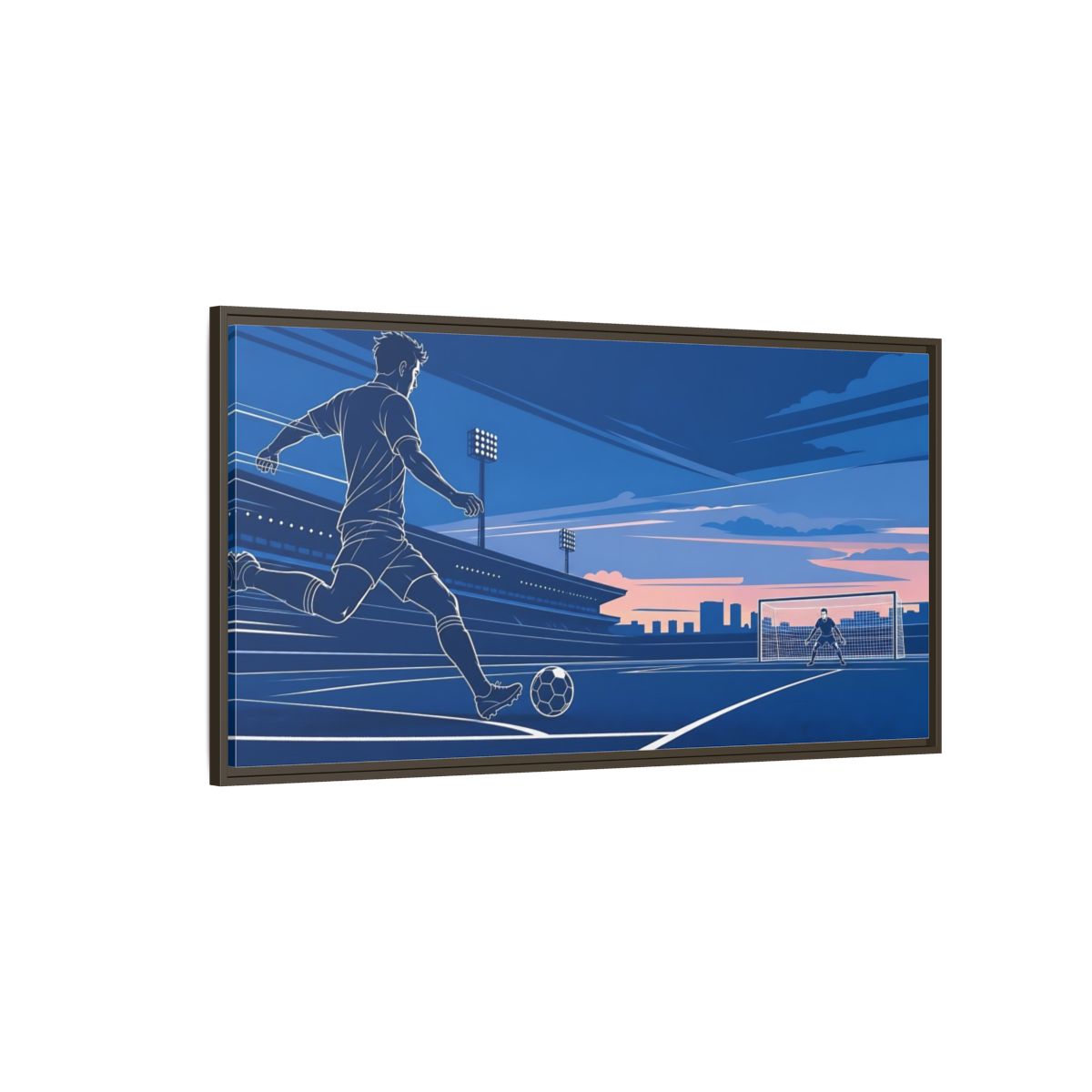 Side Mockup 4. Sports Soccer Player Blue Soccer shown as framed canvas print