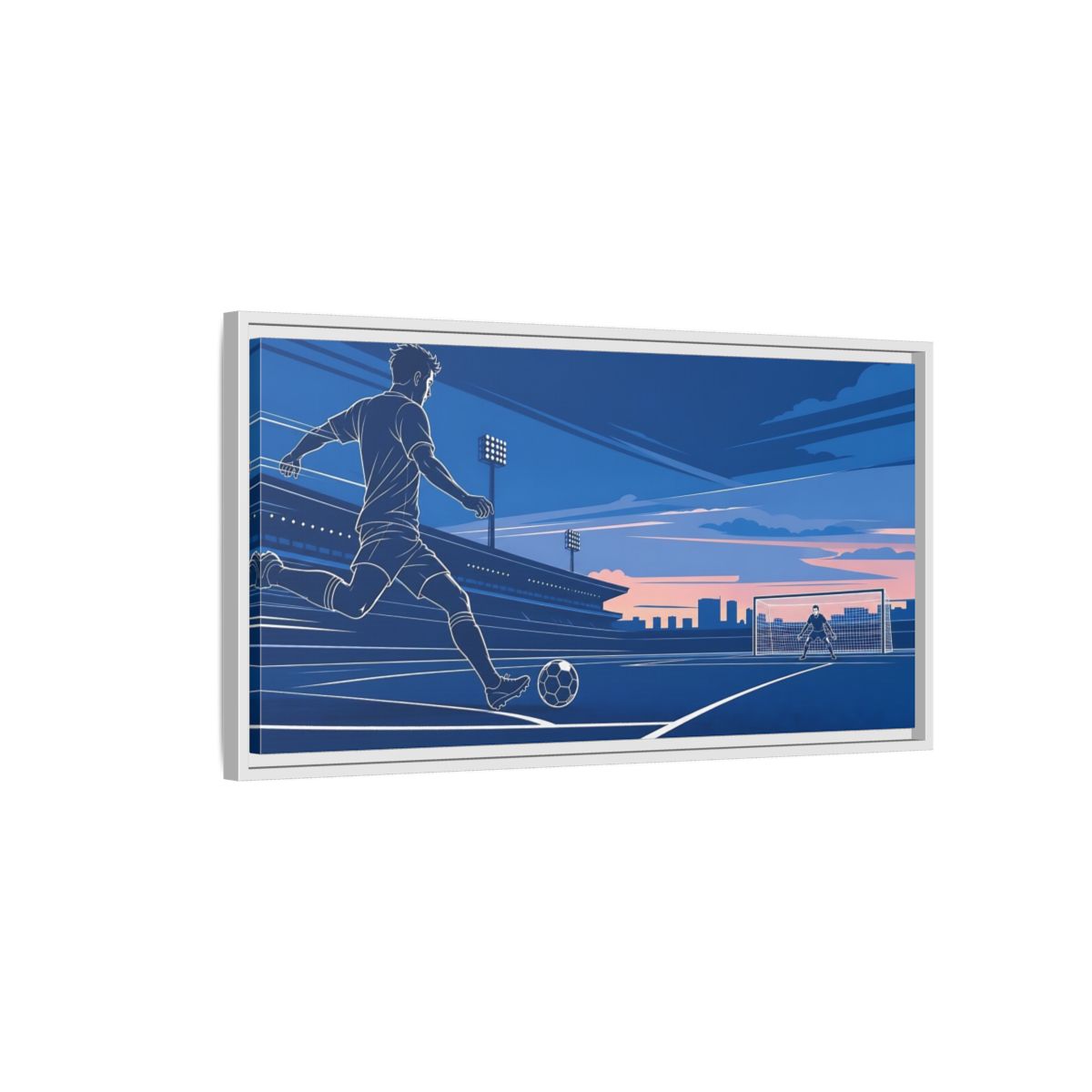 Side Mockup 1. Sports Soccer Player Blue Soccer shown as framed canvas print