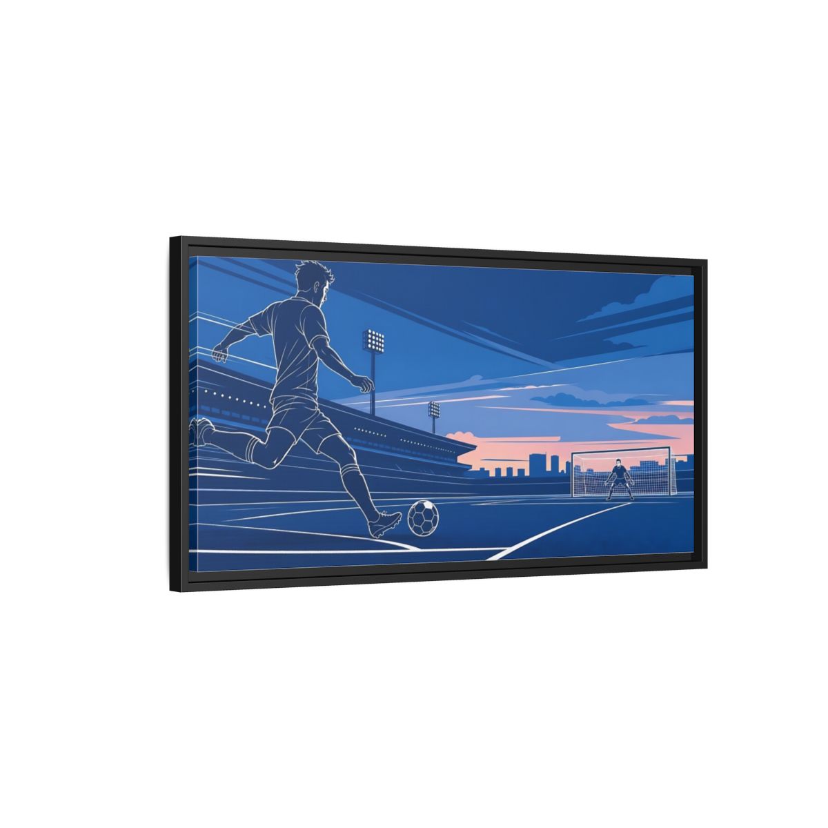 Side Mockup 2. Sports Soccer Player Blue Soccer shown as framed canvas print