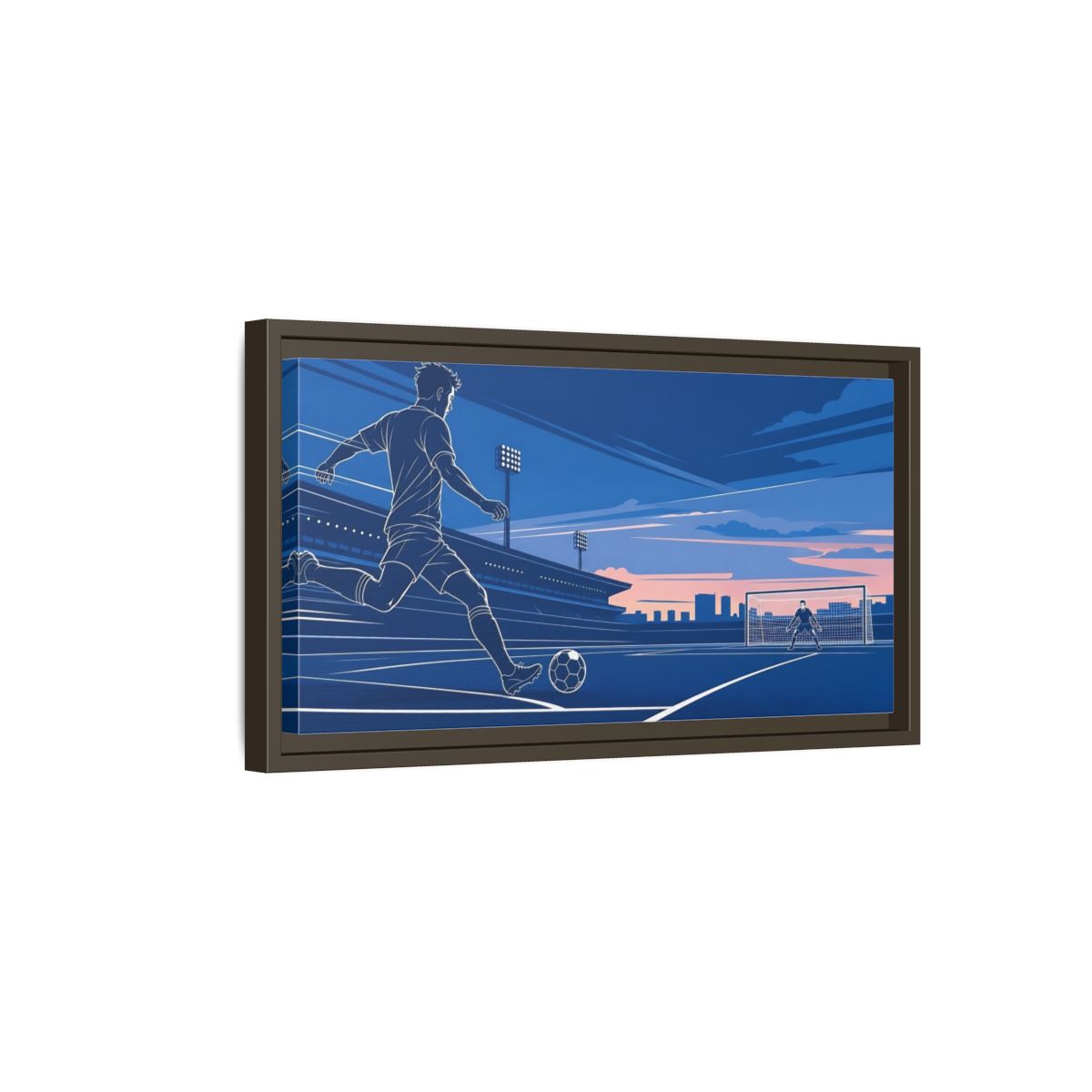 Side Mockup 7. Sports Soccer Player Blue Soccer shown as framed canvas print