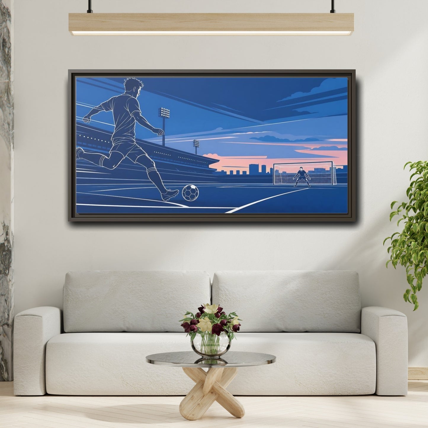 Mockup 2. Sports Soccer Player Blue Soccer shown as framed canvas print