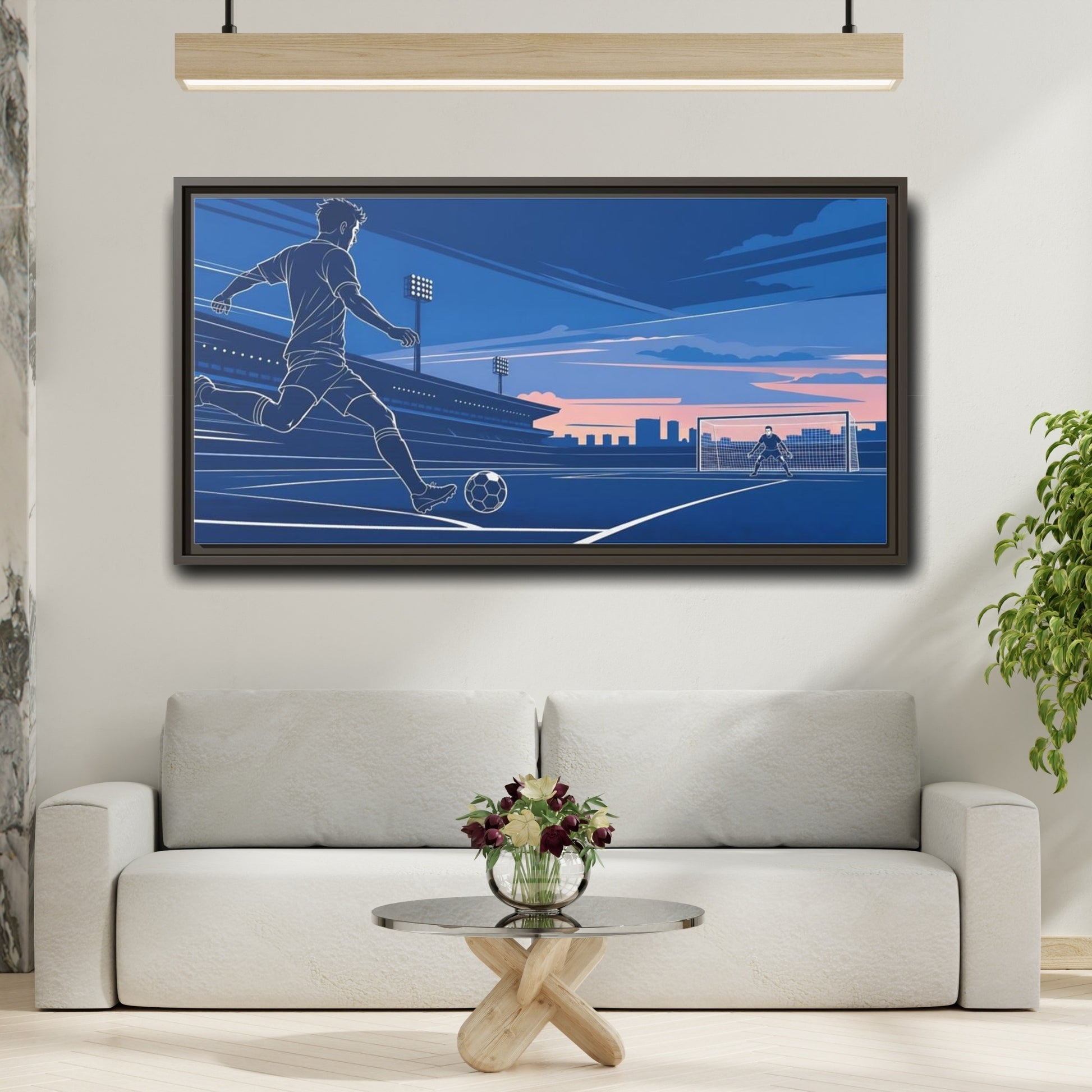 Mockup 2. Sports Soccer Player Blue Soccer shown as framed canvas print