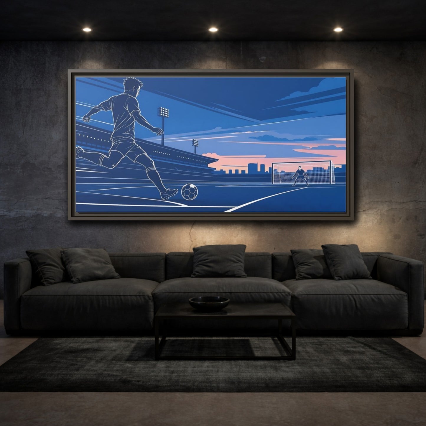 Mockup 3. Sports Soccer Player Blue Soccer shown as framed canvas print