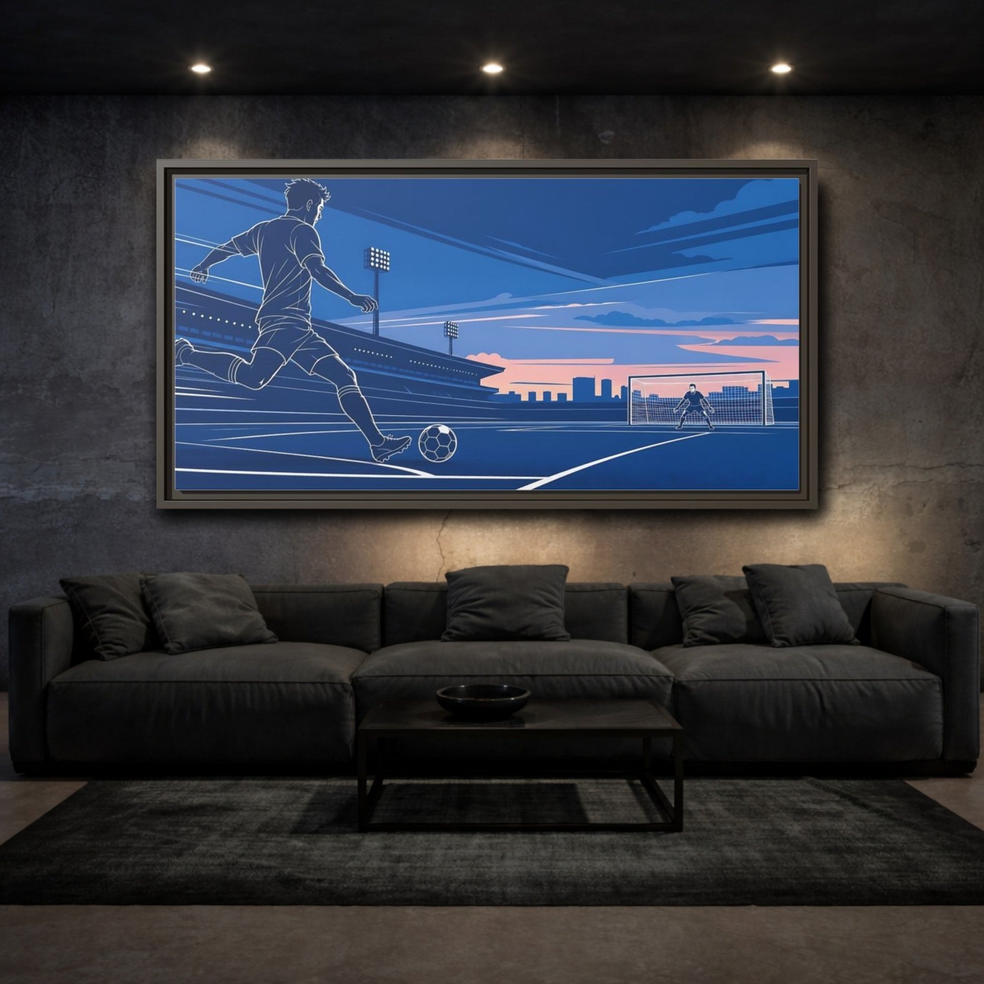 Mockup 3. Sports Soccer Player Blue Soccer shown as framed canvas print