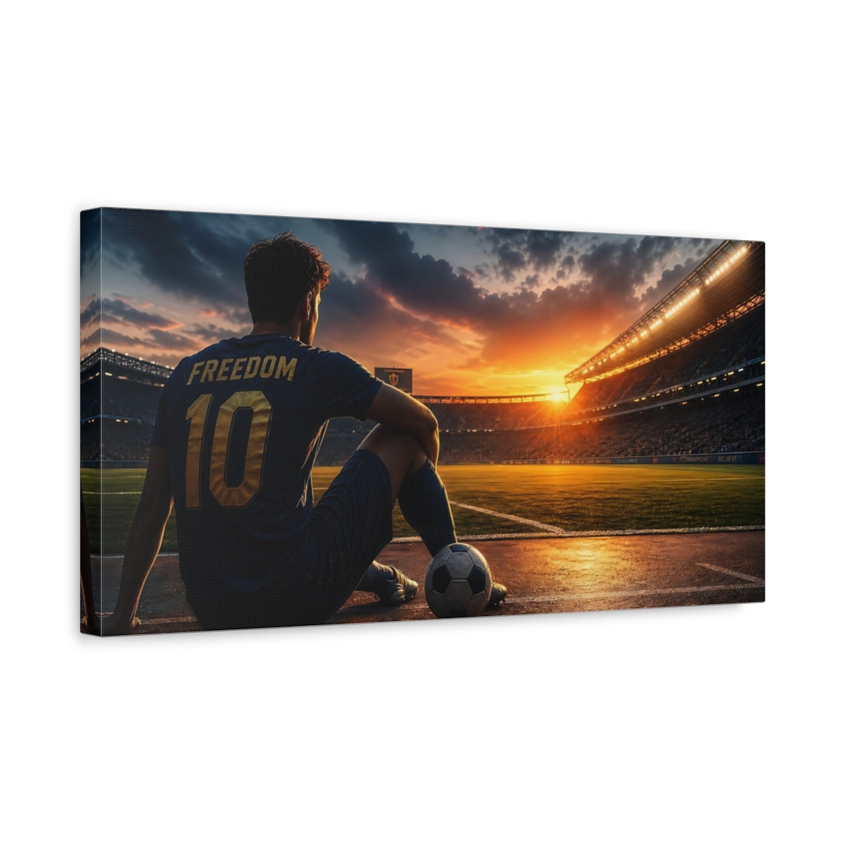 Side Mockup 3. Sports Soccer Player Freedom Soccer Sunset shown as canvas print