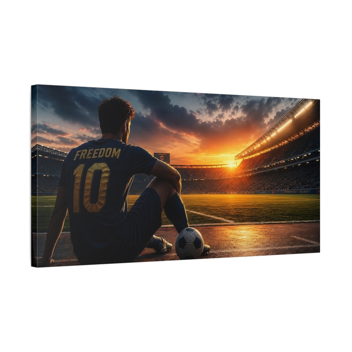 Side Mockup 1. Sports Soccer Player Freedom Soccer Sunset shown as canvas print